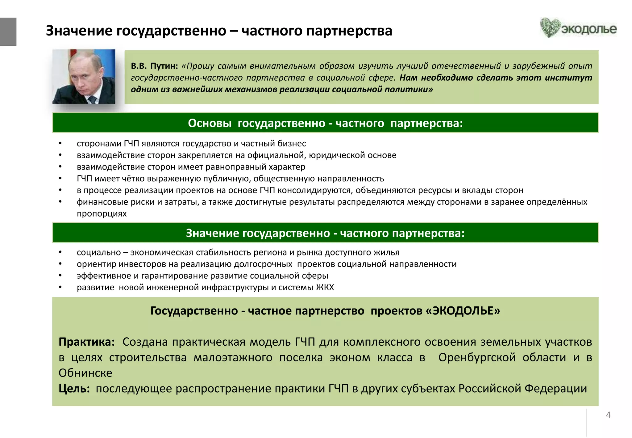 4
В.В. Путин: «Прошу самым внимательным образом изучить лучший отечественный и зарубежный опыт
государственно-частного партнерства в социальной сфере. Нам необходимо сделать этот институт
одним из важнейших механизмов реализации социальной политики»
• сторонами ГЧП являются государство и частный бизнес
• взаимодействие сторон закрепляется на официальной, юридической основе
• взаимодействие сторон имеет равноправный характер
• ГЧП имеет чётко выраженную публичную, общественную направленность
• в процессе реализации проектов на основе ГЧП консолидируются, объединяются ресурсы и вклады сторон
• финансовые риски и затраты, а также достигнутые результаты распределяются между сторонами в заранее определённых
пропорциях
Основы государственно - частного партнерства:
Значение государственно - частного партнерства:
• социально – экономическая стабильность региона и рынка доступного жилья
• ориентир инвесторов на реализацию долгосрочных проектов социальной направленности
• эффективное и гарантирование развитие социальной сферы
• развитие новой инженерной инфраструктуры и системы ЖКХ
Государственно - частное партнерство проектов «ЭКОДОЛЬЕ»
Практика: Создана практическая модель ГЧП для комплексного освоения земельных участков
в целях строительства малоэтажного поселка эконом класса в Оренбургской области и в
Обнинске
Цель: последующее распространение практики ГЧП в других субъектах Российской Федерации
Значение государственно – частного партнерства
 
