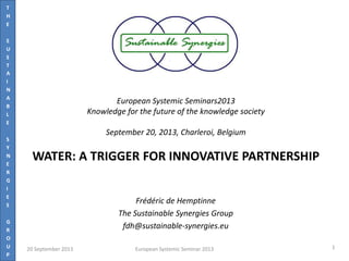 T
H
E
S
U
S
T
A
I
N
A
B
L
E
S
Y
N
E
R
G
I
E
S
G
R
O
U
P
European Systemic Seminars2013
Knowledge for the future of the knowledge society
September 20, 2013, Charleroi, Belgium
WATER: A TRIGGER FOR INNOVATIVE PARTNERSHIP
Frédéric de Hemptinne
The Sustainable Synergies Group
fdh@sustainable-synergies.eu
20 September 2013 European Systemic Seminar 2013 1
 
