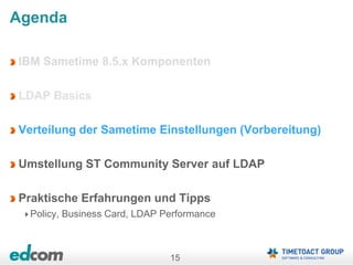 15
Agenda
IBM Sametime 8.5.x Komponenten
LDAP Basics
Verteilung der Sametime Einstellungen (Vorbereitung)
Umstellung ST Community Server auf LDAP
Praktische Erfahrungen und Tipps
Policy, Business Card, LDAP Performance
 