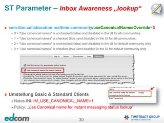 30
ST Parameter – Inbox Awareness „lookup“
com.ibm.collaboration.realtime.community/useCanonicalNamesOverride=3
0 = "Use canonical names" is unchecked (false) and disabled in the UI for all communities.
1 = "Use canonical names" is checked (true) and disabled in the UI for all communities.
2 = "Use canonical names" is unchecked (false) and disabled in the UI for default community only
3 = "Use canonical names" is checked (true) and disabled in the UI for default community only
Umstellung Basic & Standard Clients
Notes.INI: IM_USE_CANONICAL_NAME=1
Policy: „Use Canonical name for instant messaging status lookup“
 