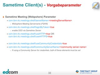 33
Sametime Client(s) - Vorgabeparameter
Sametime Meeting (Webpshere) Parameter
com.ibm.rtc.meetings.shelf/serverName=<meetingServerName>
Websphere Meeting Servername (FQHN)
com.ibm.rtc.meetings.shelf/loginByToken=true
enable SSO via Sametime Server
com.ibm.rtc.meetings.shelf/useHTTP=true OR
com.ibm.rtc.meetings.shelf/userHTTPS=true
com.ibm.rtc.meetings.shelf/useCommunityCredentials=true
com.ibm.rtc.meetings.shelf/communityServerName=<community server name>
If using a Community Server for credentials, both of these elements must be set
 