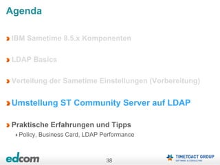 38
Agenda
IBM Sametime 8.5.x Komponenten
LDAP Basics
Verteilung der Sametime Einstellungen (Vorbereitung)
Umstellung ST Community Server auf LDAP
Praktische Erfahrungen und Tipps
Policy, Business Card, LDAP Performance
 