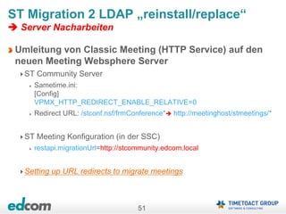 51
ST Migration 2 LDAP „reinstall/replace“
 Server Nacharbeiten
Umleitung von Classic Meeting (HTTP Service) auf den
neuen Meeting Websphere Server
ST Community Server
Sametime.ini:
[Config]
VPMX_HTTP_REDIRECT_ENABLE_RELATIVE=0
Redirect URL: /stconf.nsf/frmConference* http://meetinghost/stmeetings/*
ST Meeting Konfiguration (in der SSC)
restapi.migrationUrl=http://stcommunity.edcom.local
Setting up URL redirects to migrate meetings
 