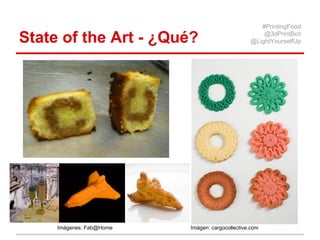 State of the Art - ¿Qué?
Imágen: The sugar lab
#PrintingFood
@3dPrintBcn
@LightYourselfUp
 