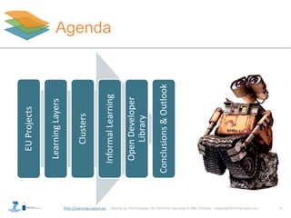 http://Learning-Layers-eu
Agenda
2
EUProjects
LearningLayers
Clusters
InformalLearning
OpenDeveloper
Library
Conclusions&Outlook
 