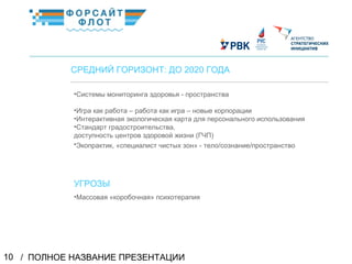 / ПОЛНОЕ НАЗВАНИЕ ПРЕЗЕНТАЦИИ10
02
СРЕДНИЙ ГОРИЗОНТ: ДО 2020 ГОДА
КраткоеназваниеКраткоеназвание
•Системы мониторинга здоровья - пространства
•Игра как работа – работа как игра – новые корпорации
•Интерактивная экологическая карта для персонального использования
•Стандарт градостроительства,
доступность центров здоровой жизни (ГЧП)
•Экопрактик, «специалист чистых зон» - тело/сознание/пространство
УГРОЗЫ
•Массовая «коробочная» психотерапия
 