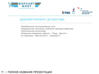 / ПОЛНОЕ НАЗВАНИЕ ПРЕЗЕНТАЦИИ11
02
ДАЛЬНИЙ ГОРИЗОНТ: ДО 2030 ГОДА
КраткоеназваниеКраткоеназвание
•Немобильные геостационарные тела
•Неадекватное население, проблема самоидентификации
•Экологическая катастрофа
•Изменение парадигмы «Деньги – Товар – Деньги’»
на «Здоровье – Деятельность – Здоровье’»
 