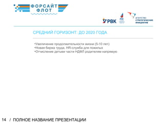 / ПОЛНОЕ НАЗВАНИЕ ПРЕЗЕНТАЦИИ14
02
СРЕДНИЙ ГОРИЗОНТ: ДО 2020 ГОДА
КраткоеназваниеКраткоеназвание
•Увеличение продолжительности жизни (5-10 лет)
•Новая биржа труда, HR-служба для пожилых
•Отчисление детьми части НДФЛ родителям напрямую
 