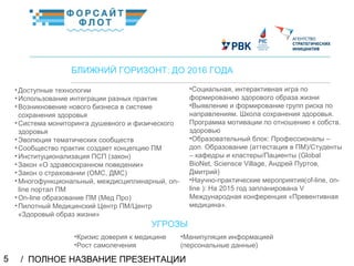 / ПОЛНОЕ НАЗВАНИЕ ПРЕЗЕНТАЦИИ5
02
БЛИЖНИЙ ГОРИЗОНТ: ДО 2016 ГОДА
•Доступные технологии
•Использование интеграции разных практик
•Возникновение нового бизнеса в системе
сохранения здоровья
•Система мониторинга душевного и физического
здоровья
•Эволюция тематических сообществ
•Сообщество практик создает концепцию ПМ
•Институционализация ПСП (закон)
•Закон «О здравоохранном поведении»
•Закон о страховании (ОМС, ДМС)
•Многофункциональный, междисциплинарный, on-
line портал ПМ
•On-line образование ПМ (Мед Про)
•Пилотный Медицинский Центр ПМ/Центр
«Здоровый образ жизни»
КраткоеназваниеКраткоеназвание
•Социальная, интерактивная игра по
формированию здорового образа жизни
•Выявление и формирование групп риска по
направлениям. Школа сохранения здоровья.
Программа мотивации по отношению к собств.
здоровью
•Образовательный блок: Профессионалы –
доп. Образование (аттестация в ПМ)/Студенты
– кафедры и кластеры/Пациенты (Global
BioNet, Sciensce Village, Андрей Пуртов,
Дмитрий)
•Научно-практические мероприятия(of-line, on-
line ): На 2015 год запланирована V
Международная конференция «Превентивная
медицина».
•Кризис доверия к медицине
•Рост самолечения
•Манипуляция информацией
(персональные данные)
УГРОЗЫ
 