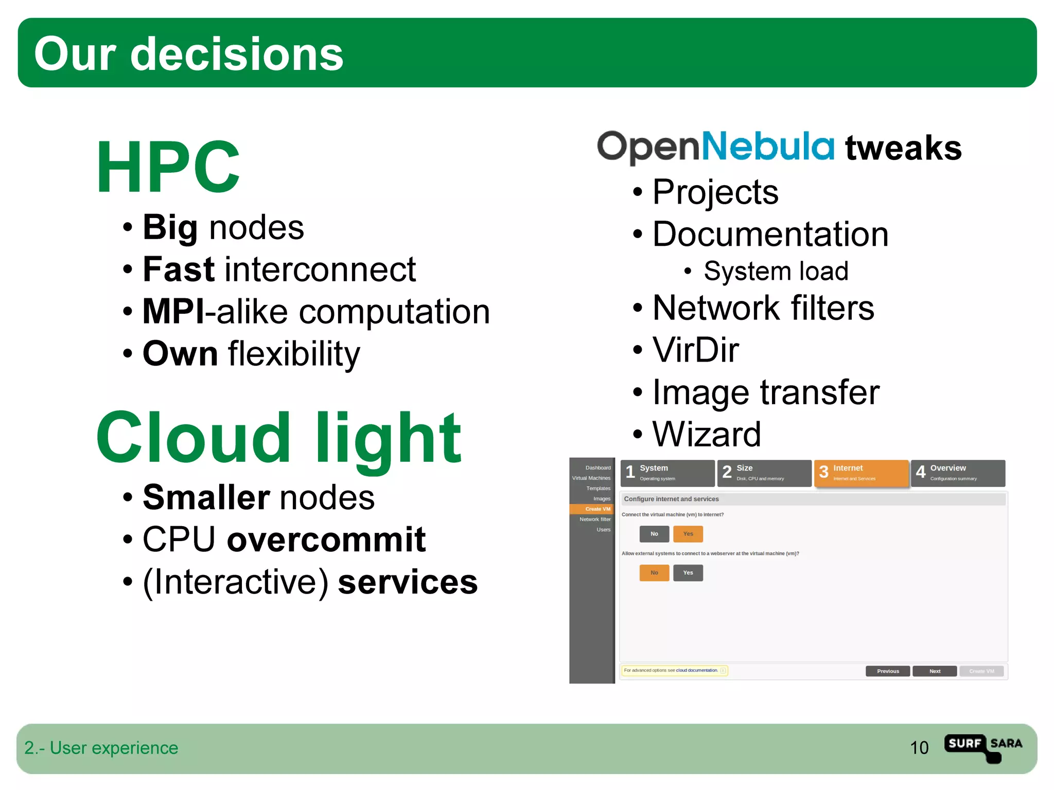 High Performance Computing Cloud at SURFsara: Experiences with OpenNebula 3.x