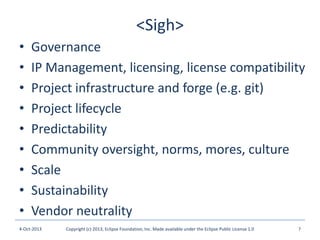 <Sigh>
• Governance
• IP Management, licensing, license compatibility
• Project infrastructure and forge (e.g. git)
• Project lifecycle
• Predictability
• Community oversight, norms, mores, culture
• Scale
• Sustainability
• Vendor neutrality
4-Oct-2013 Copyright (c) 2013, Eclipse Foundation, Inc. Made available under the Eclipse Public License 1.0 7
 