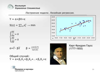 Построение модели. Линейная регрессия.
24.00
22.00
20.00
18.00
16.00
14.00

Y

12.00
16.00

17.00

18.00

19.00

20.00

X

21.00

22.00

23.00

24.00

Карл Фридрих Гаусс
(1777-1855)

Общий случай:
Y = α+β1X1+β2X2+…+βnXn+ε

21

 