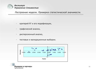 Построение модели. Проверка статистической значимости.

критерий R2 и его модификации,



графический анализ,



дисперсионный анализ,



тестовые и валидационные выборки.

Остатки



-5.0000

-4.0000

-3.0000

-2.0000

6
4
2
0
-1.0000 -2
0.0000
-4
-6
-8
-10

1.0000

2.0000

3.0000

Factor

31

 