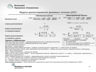 Модели дисконтирования денежных потоков (DCF)
Инвестированный капитал

Собственный капитал
Денежный поток

FCFE = Net Income - (CapEx – D&A) ΔNNWC
= Net Income + D&A – CapEx ΔNNWC
re

Ставка дисконтирования
Модели капитализации

V0 

(1-стадийная модель)
n

Модели дисконтирования
(2-стадийная модель)

Термины и аббревиатуры:

ΔD

FCFF= EBIT (1 - t) – (CapEx – D&A) ΔNNWC
= EBIT (1 - t) + D&A – CapEx ΔNNWC
WACC = re x we + rd (1-t) x wd

FCFE1
re  g

FCFEt
TVn
V0  

t
1  re n
t 1 1  re 

VA0 
n

VA0  
t 1

FCFF1
WACC  g

FCFFt
TVAn

t
1  WACC  1  WACC n

Конечная
стоимость
(TV),
как
правило, определяется 3 способами:
1. По модели GGM
2. По мультипликаторам (P/E, EV/EBITDA и т.д.)
3. По остаточной балансовой стоимости

FCFE (Free Cash Flow to Equity) – свободный денежный поток на собственный капитал;
FCFF (Free Cash Flow to Firm) – свободный денежный поток фирмы
(на инвестированный капитал);
Net Income – чистая прибыль
EBIT (Earnings before interest and taxes) – прибыль до вычета налогов и процентов; t – ставка налога на прибыль
EBITDA (Earnings before interest, taxes, depreciation and amortization) – прибыль до вычета налогов, процентов износа и амортизации
D&A – износ и амортизация
CapEx (capital expenditures)– капитальные затраты
NNWC (net non-cash working capital) – чистый неденежный рабочий (оборотный) капитал, т.е. запасы + дебиторская задолженность –
кредиторская задолженность
WACC (weighted average cost of capital) – средневзвешенная стоимость капитала (инвестированного)
We и wd – доли собственного и заемного капитала в инвестированного капитале
V0 – текущая стоимость собственного (акционерного) капитала
VA0 – текущая стоимость операционных активов
Инвестированный капитал – сумма собственного капитала (E) и долга (D) на долгосрочной основе (определение из МСО)

36

 