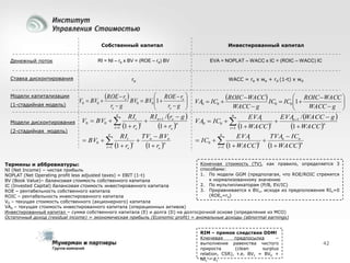 Собственный капитал
RI = NI – re x BV = (ROE – re) BV

EVA = NOPLAT – WACC x IC = (ROIC – WACC) IC

re

Денежный поток

Инвестированный капитал

WACC = re x we + rd (1-t) x wd

Ставка дисконтирования
Модели капитализации
(1-стадийная модель)
Модели дисконтирования
(2-стадийная модель)

Термины и аббревиатуры:

ROE  re  BV

 ROE  re 

 BV0 1 

re  g
re  g 


n
RIt
RI / r  g 
V0  BV0  
 n 1 e n
t
1  re 
1
t 1   re 

V0  BV0 

0

RIt
TVn  BVn
 BV0  

t
1  re n
1
t 1   re 
n

ROIC  WACC IC

 ROIC  WACC 

 IC0 1 

WACC  g
WACC  g 


n
EVA
EVAn 1 / WACC  g 
t
VA0  IC0  

t
1  WACC n
1
t 1   WACC 

VA0  IC0 

n

 IC0  
t 1

0

EVA
TVAn  ICn
t

1  WACC t 1  WACC n

Конечная стоимость (TV), как правило, определяется 3
способами:
1. По модели GGM (предполагая, что ROE/ROIC стремятся
к нормализованному значению
2. По мультипликаторам (P/B, EV/IC)
3. Приравнивается к BVn, исходя из предположения RIn=0
(ROEn=re)

NI (Net Income) – чистая прибыль
NOPLAT (Net Operating profit less adjusted taxes) = EBIT (1-t)
BV (Book Value)– балансовая стоимость собственного капитала
IC (Invested Capital) балансовая стоимость инвестированного капитала
ROE – рентабельность собственного капитала
ROIC – рентабельность инвестированного капитала
V0 – текущая стоимость собственного (акционерного) капитала
VA0 – текущая стоимость инвестированного капитала (операционных активов)
Инвестированный капитал – сумма собственного капитала (E) и долга (D) на долгосрочной основе (определение из МСО)
Остаточный доход (residual income) = экономическая прибыль (Economic profit) = аномальные доходы (abnormal earnings)
RIM – прямое следствие DDM!
Ключевая
предпосылка
–
выполнение равенства чистого
прироста
(clean
surplus
relation, CSR), т.е. BV1 = BV0 +
NI1 – d1

42

 
