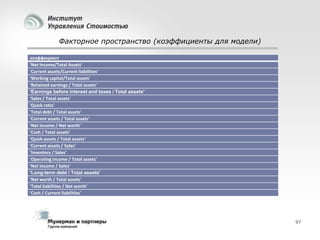 Факторное пространство (коэффициенты для модели)
коэффициент
'Net Income/Total Assets'
'Current assets/Current liabilities'
'Working capital/Total assets'
'Retained earnings / Total assets'
'Earnings before interest and taxes / Total assets'
'Sales / Total assets'
'Quick ratio'
'Total debt / Total assets'
'Current assets / Total assets'
'Net income / Net worth'
'Cash / Total assets'
'Quick assets / Total assets'
'Current assets / Sales'
'Inventory / Sales'
'Operating income / Total assets'
'Net income / Sales'
'Long-term debt / Total assets'
'Net worth / Total assets'
'Total liabilities / Net worth'
'Cash / Current liabilities'

97

 