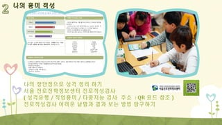 나의 흥미 적성

나의 장단점으로 성격 정리 하기
서울 진로진학정보센터 진로적성검사
( 성격유형 / 직업흥미 / 다중지능 검사 주소 : QR 코드 참조 )
진로적성검사 어려운 낱말과 결과 보는 방법 탐구하기

 