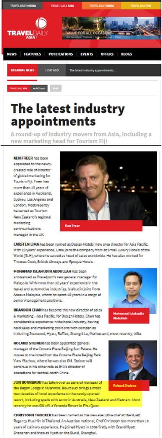 Our newly appointed general manager Jon Bourbaud made the pages of Travel Daily Asia' Octobe issue.