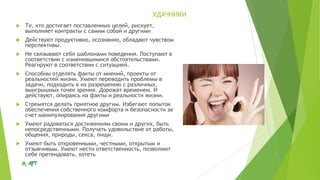 УДАЧНИКИ


Те, кто достигает поставленных целей, рискует,
выполняет контракты с самим собой и другими



Действуют продуктивно, осознанно, обладают чувством
перспективы.



Не связывают себя шаблонами поведения. Поступают в
соответствии с изменившимися обстоятельствами.
Реагируют в соответствии с ситуацией.



Способны отделять факты от мнений, проекты от
реальностей жизни. Умеют переводить проблемы в
задачи, подходить к их разрешению с различных,
выигрышных точек зрения. Дорожат временем. И
действуют, опираясь на факты и реальности жизни.



Стремятся делать приятное другим. Избегают попыток
обеспечения собственного комфорта и безопасности за
счет манипулирования другими



Умеют радоваться достижениям своим и других, быть
непосредственными. Получать удовольствие от работы,
общения, природы, секса, пищи.



Умеют быть откровенными, честными, открытым и
отзывчивым. Умеют нести ответственность, позволяют
себе претендовать, хотеть

 