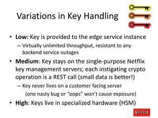Variations in Key Handling
• Low: Key is provided to the edge service instance
– Virtually unlimited throughput, resistant to any
backend service outages

• Medium: Key stays on the single-purpose Netflix
key management servers; each instigating crypto
operation is a REST call (small data is better!)
– Key never lives on a customer facing server
(one nasty bug or “oops” won’t cause exposure)

• High: Keys live in specialized hardware (HSM)

 