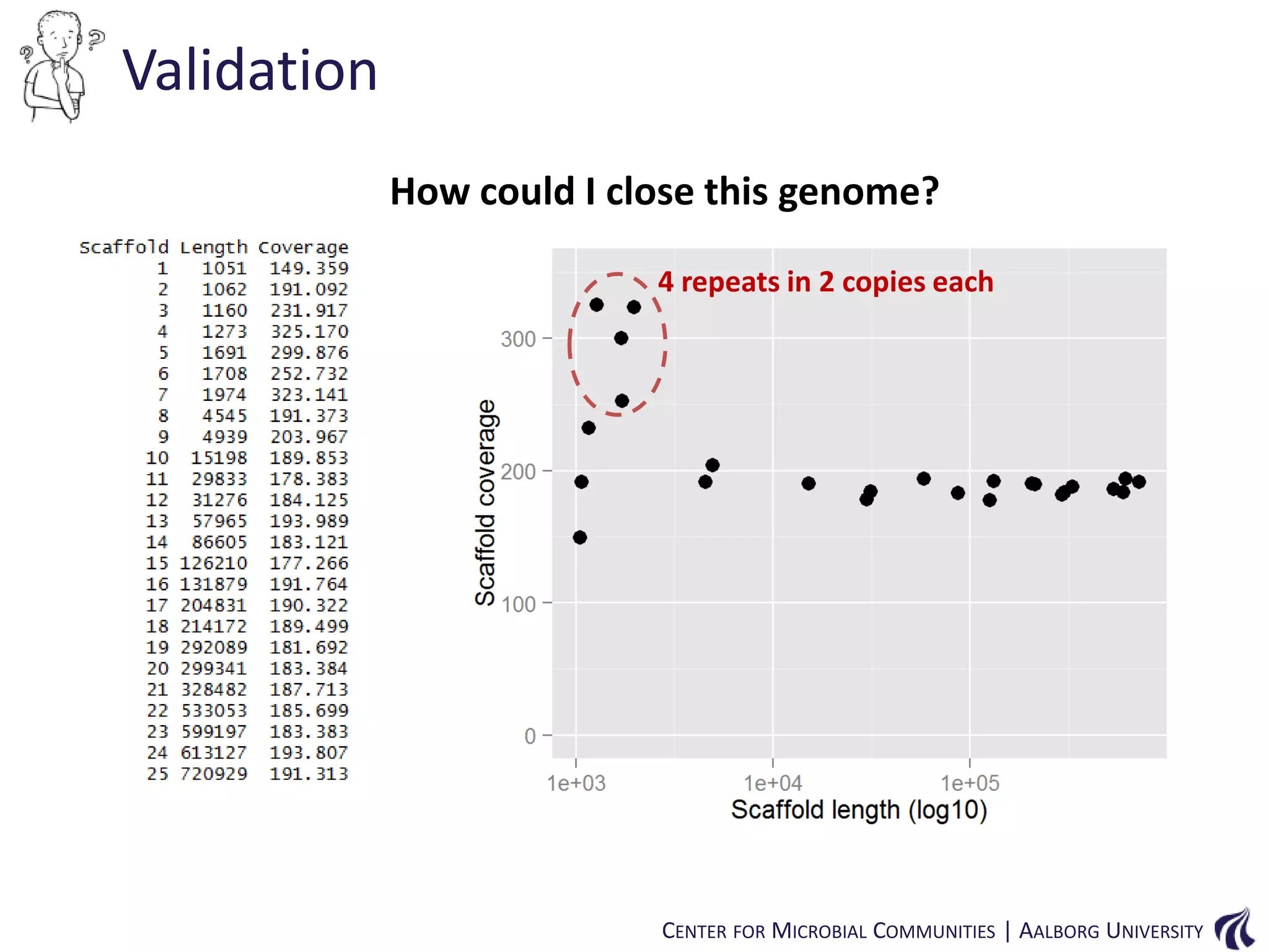 Validation
How could I close this genome?
4 repeats in 2 copies each

CENTER FOR MICROBIAL COMMUNITIES | AALBORG UNIVERSITY

 