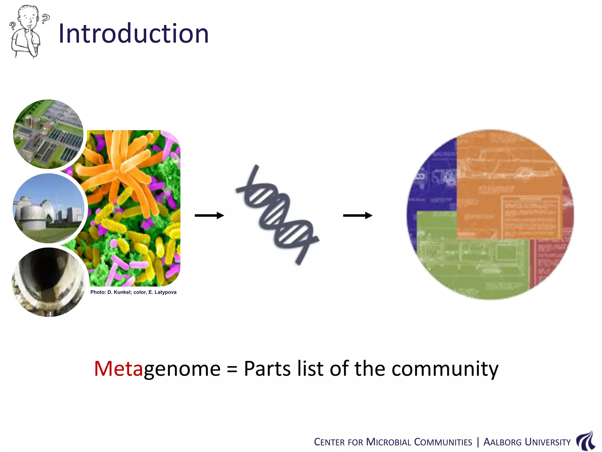 Introduction

Photo: D. Kunkel; color, E. Latypova

Metagenome = Parts list of the community
CENTER FOR MICROBIAL COMMUNITIES | AALBORG UNIVERSITY

 