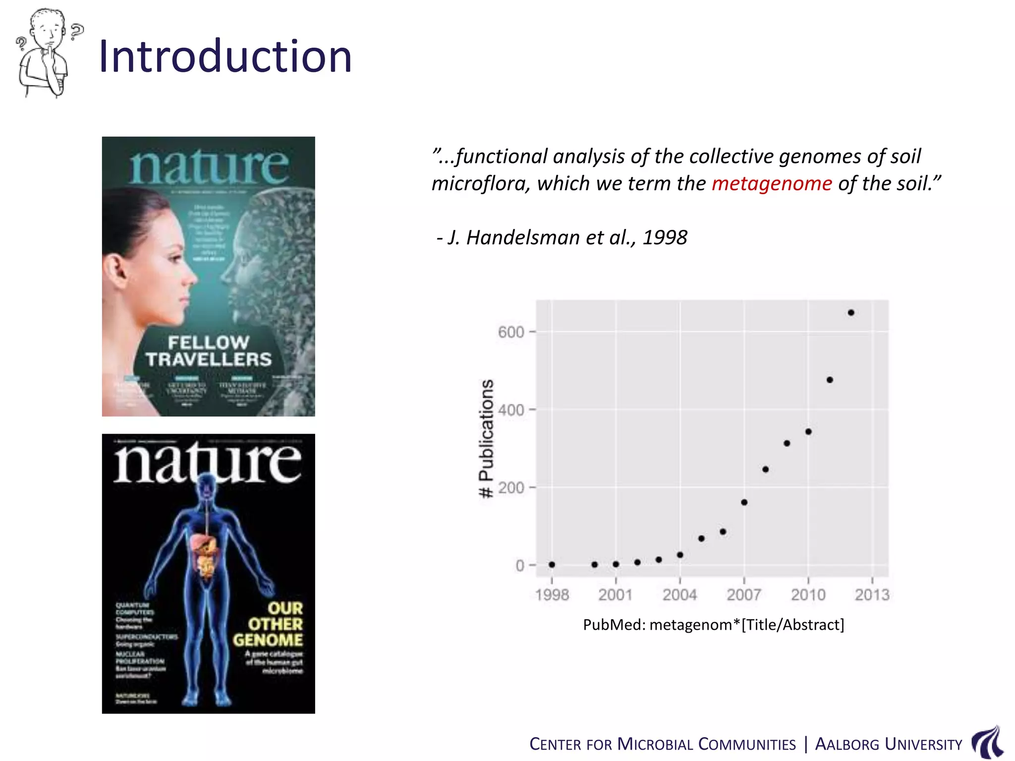 Introduction
”...functional analysis of the collective genomes of soil
microflora, which we term the metagenome of the soil.”
- J. Handelsman et al., 1998

PubMed: metagenom*[Title/Abstract]

CENTER FOR MICROBIAL COMMUNITIES | AALBORG UNIVERSITY

 