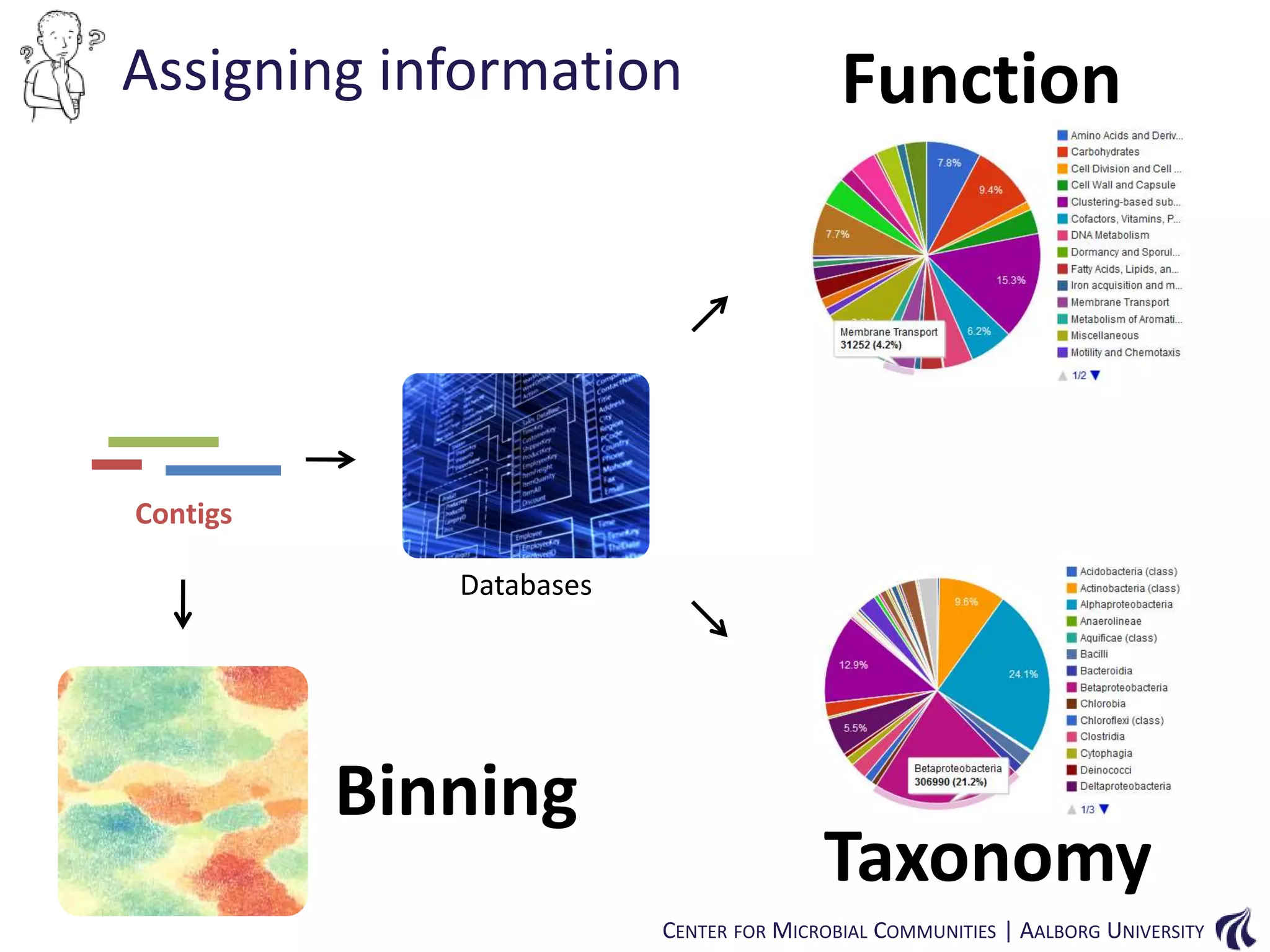 Assigning information

Function

Contigs
Databases

Binning

Taxonomy
CENTER FOR MICROBIAL COMMUNITIES | AALBORG UNIVERSITY

 