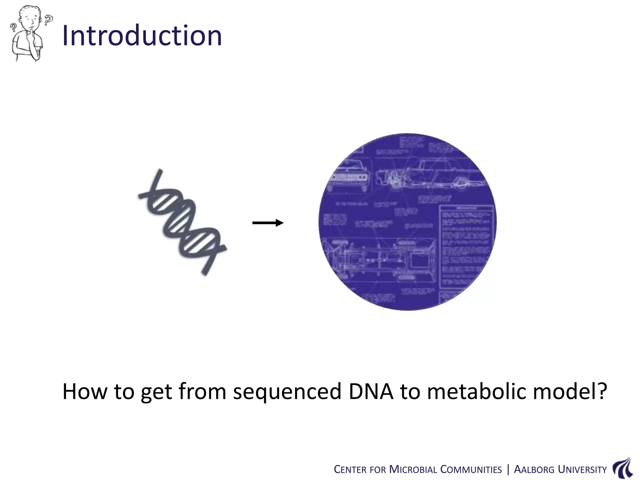 Introduction

How to get from sequenced DNA to metabolic model?
CENTER FOR MICROBIAL COMMUNITIES | AALBORG UNIVERSITY

 
