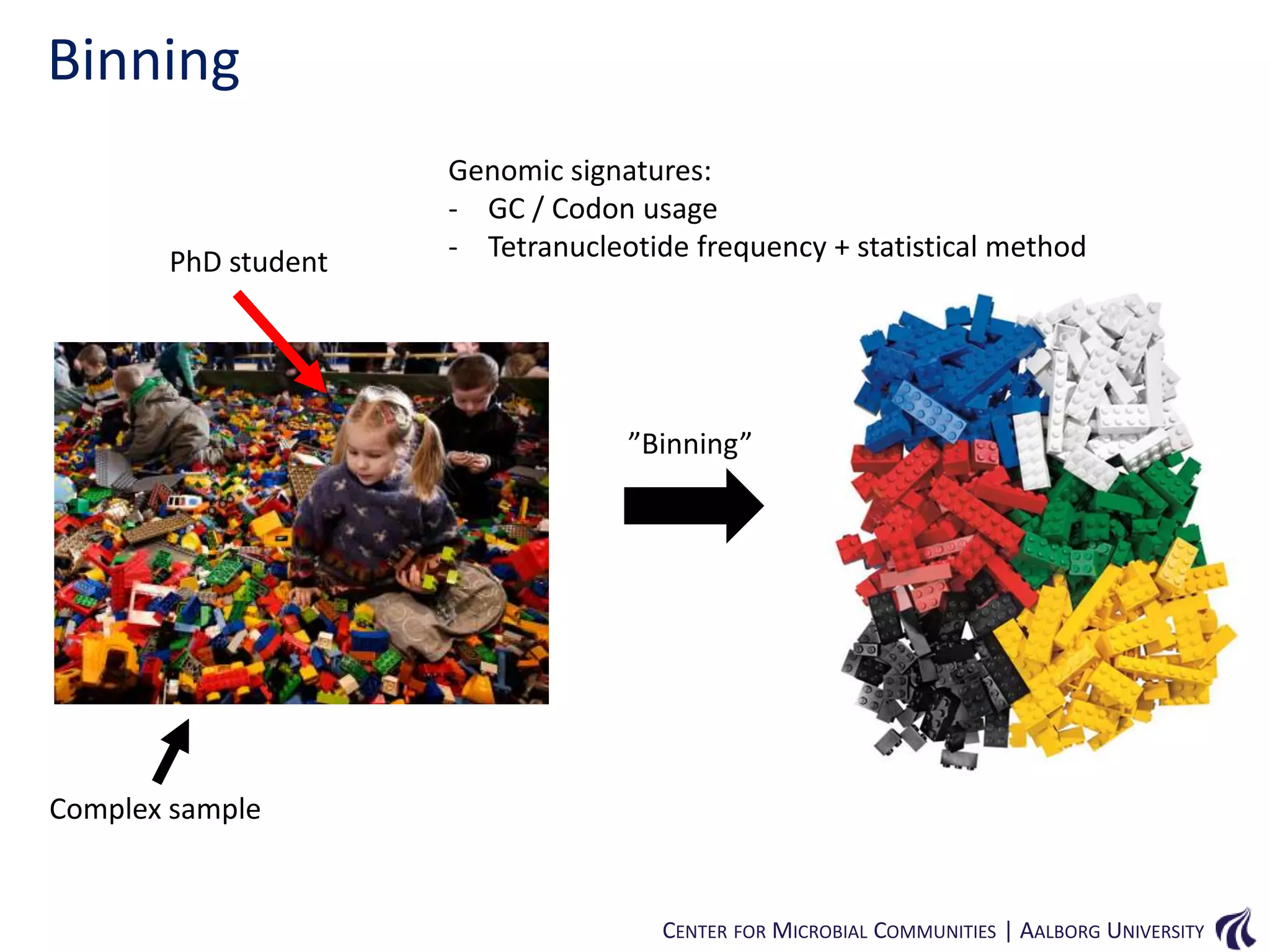 Binning
PhD student

Genomic signatures:
- GC / Codon usage
- Tetranucleotide frequency + statistical method

”Binning”

Complex sample

CENTER FOR MICROBIAL COMMUNITIES | AALBORG UNIVERSITY

 