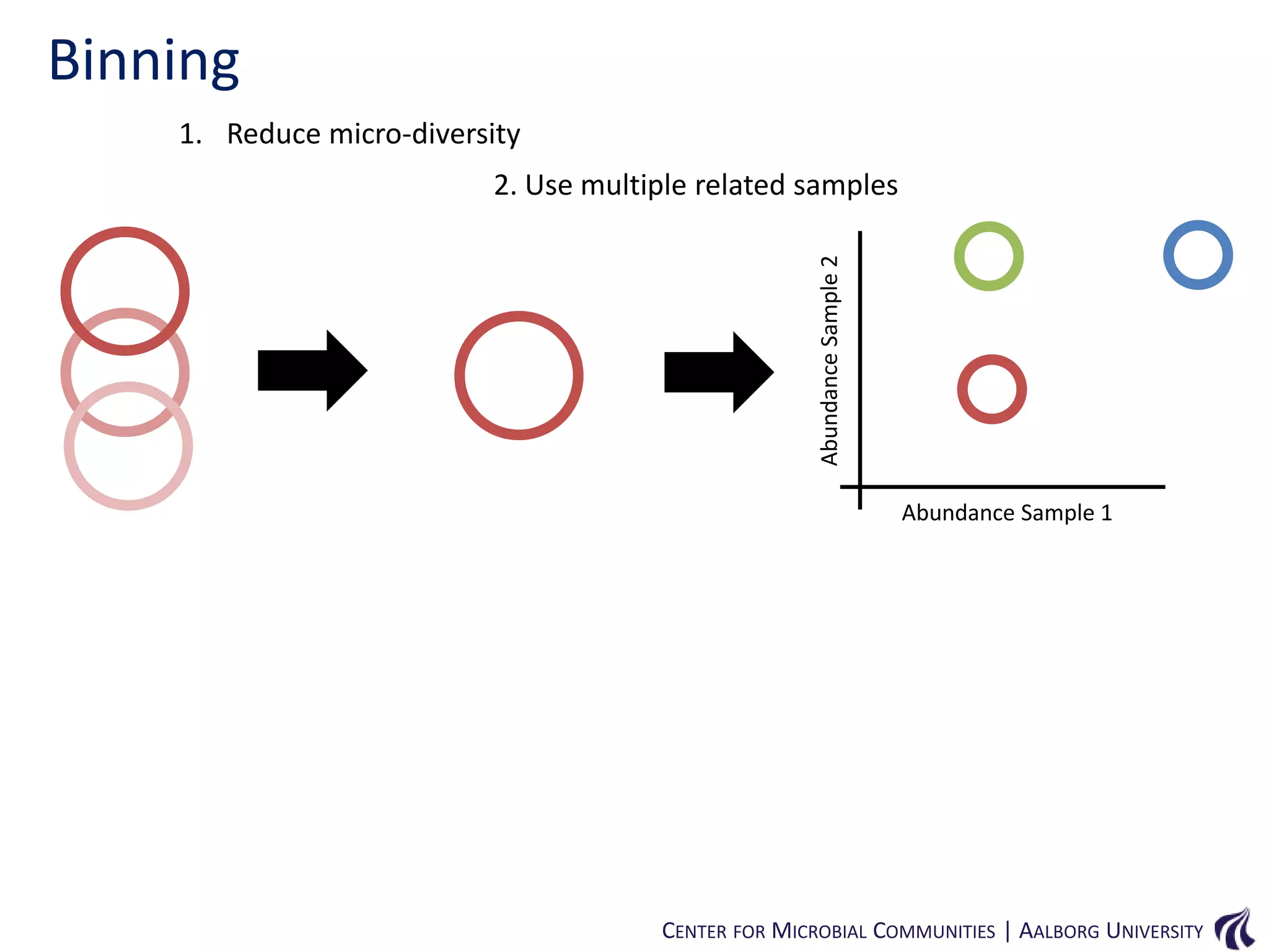 Binning
1. Reduce micro-diversity

Abundance Sample 2

2. Use multiple related samples

Abundance Sample 1

CENTER FOR MICROBIAL COMMUNITIES | AALBORG UNIVERSITY

 