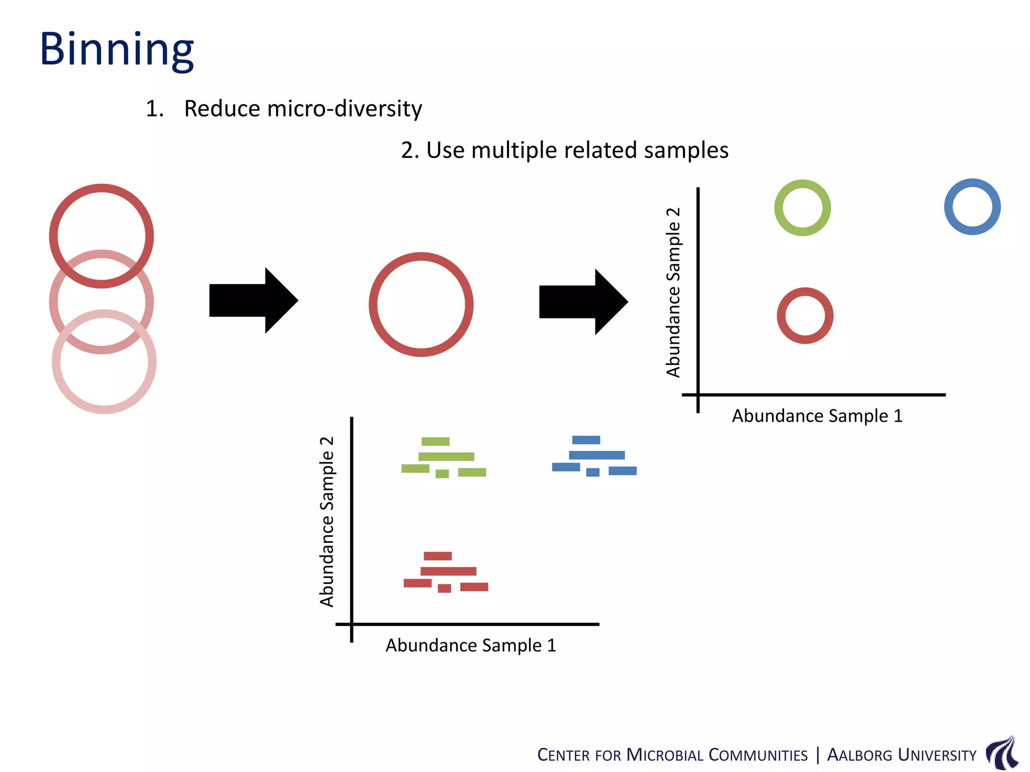 Binning
1. Reduce micro-diversity

Abundance Sample 2

2. Use multiple related samples

Abundance Sample 2

Abundance Sample 1

Abundance Sample 1

CENTER FOR MICROBIAL COMMUNITIES | AALBORG UNIVERSITY

 
