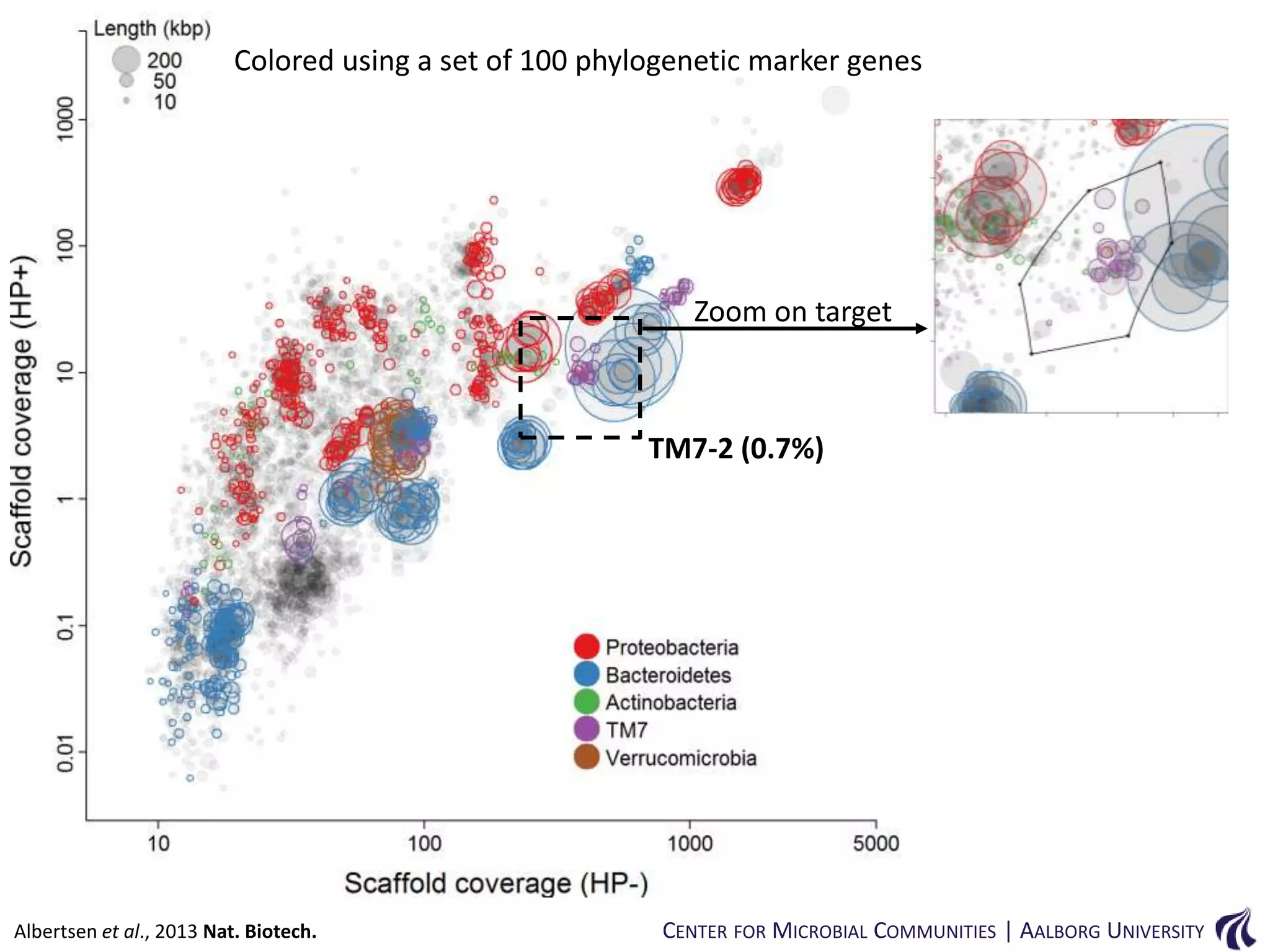 Colored using a set of 100 phylogenetic marker genes

Zoom on target

TM7-2 (0.7%)

Albertsen et al., 2013 Nat. Biotech.

CENTER FOR MICROBIAL COMMUNITIES | AALBORG UNIVERSITY

 