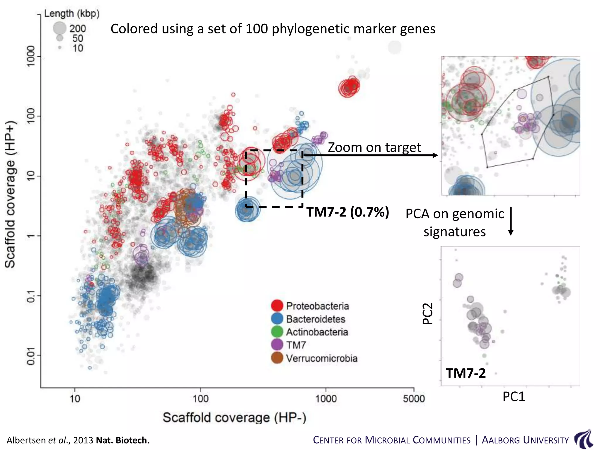 Colored using a set of 100 phylogenetic marker genes

Zoom on target

PCA on genomic
signatures

PC2

TM7-2 (0.7%)

TM7-2
PC1
Albertsen et al., 2013 Nat. Biotech.

CENTER FOR MICROBIAL COMMUNITIES | AALBORG UNIVERSITY

 