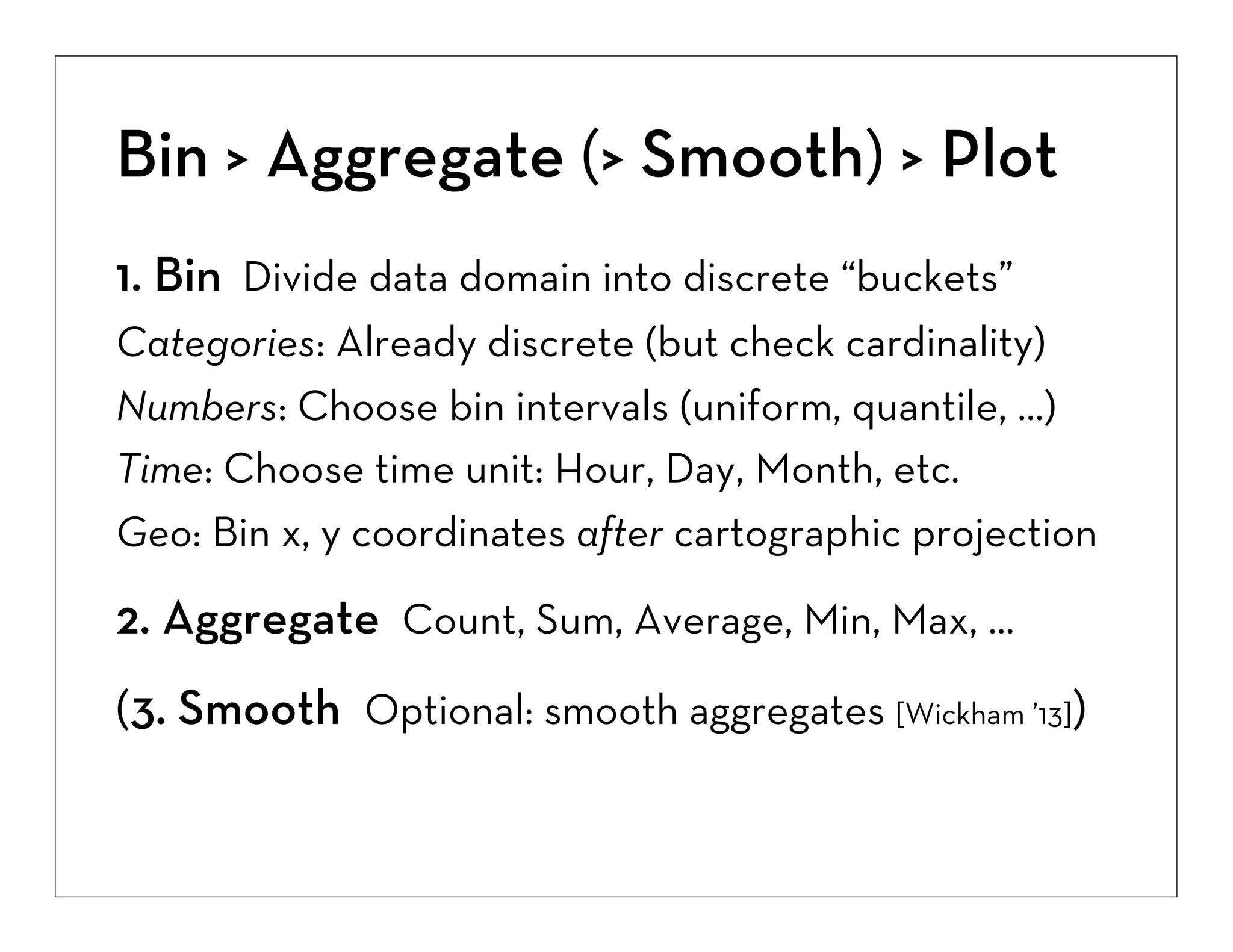 Bin > Aggregate (> Smooth) > Plot
1. Bin Divide data domain into discrete “buckets”
Categories: Already discrete (but check cardinality)
Numbers: Choose bin intervals (uniform, quantile, ...)
Time: Choose time unit: Hour, Day, Month, etc.
Geo: Bin x, y coordinates after cartographic projection

2. Aggregate Count, Sum, Average, Min, Max, ...
(3. Smooth Optional: smooth aggregates [Wickham ’13])

 