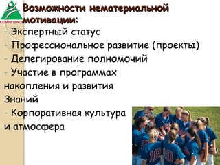 Возможности нематериальной
мотивации:
- Экспертный статус
- Профессиональное развитие (проекты)
- Делегирование полномочий
- Участие в программах
накопления и развития
Знаний
- Корпоративная культура
и атмосфера
20

 