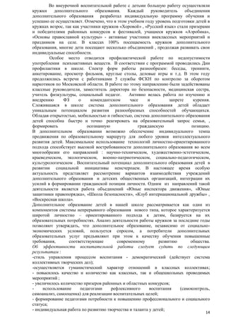 Во внеурочной воспитательной работе с детьми большую работу осуществляли
кружки
дополнительного
образования.
Каждый
руководитель
объединения
дополнительного образования разработал индивидуальную программу обучения и
успешно ее осуществляет. Отмечено, что в этом учебном году уровень подготовки детей в
кружках возрос, так как участники кружков «Хоровой» , «Русский язык» стали призерами
и победителями районных конкурсов и фестивалей, учащиеся кружков «Аэробика»,
«Основы православной культуры» - активные участники внеклассных мероприятий и
праздников на селе. В классах 100% посещаемость кружков дополнительного
образования, многие дети посещают несколько объединений , продолжая развивать свои
индивидуальные способности.
Особое место отводится профилактической работе по недопустимости
употребления психоактивных веществ. В соответствии с программой проводились Дни
профилактики в школе. Спектр форм работы разнообразен: беседы, тренинги,
анкетирование, просмотр фильмов, круглые столы, деловые игры и т.д. В этом году
продолжились встречи с работниками 5 службы ФСКН по контролю за оборотом
наркотиков по Московской области. В работе по этому направлению были задействованы
классные руководители, заместитель директора по безопасности, медицинская сестра,
учитель физкультуры, социальный педагог.
Активно велась работа по изучению и
внедрению
ФЗ
о
комендантском
часе
и
запрете
курения.
Сложившаяся в школе система дополнительного образования детей обладает
уникальным потенциалом развития разнообразных способностей обучающихся.
Обладая открытостью, мобильностью и гибкостью, система дополнительного образования
детей способна быстро и точно реагировать на образовательный запрос семьи, ,
формировать
осознанную
гражданскую
позицию.
В дополнительном образовании возможно обеспечение индивидуального темпа
продвижения по образовательному маршруту для любого уровня интеллектуального
развития детей. Максимальное использование технологий личностно-ориентированного
подхода способствует высокой востребованности дополнительного образования во всем
многообразии его направлений : научно-техническом, художественно-эстетическом,
краеведческом, экологическом, военно-патриотическом, социально-педагогическом,
культурологическом . Воспитательный потенциал дополнительного образования детей в
развитии социальной инициативы неисчерпаем. В настоящее время особую
актуальность представляет рассмотрение вариантов взаимодействия учреждений
дополнительного образования и детских общественных организаций, интеграции их
усилий в формировании гражданской позиции личности. Одним из направлений такой
деятельности является работа объединений «Юные инспектора движения», «Юные
защитники правопорядка», «Школа безопасности», «Клуб интернациональной дружбы» ,
«Воскресная школа».
Дополнительное образование детей в нашей школе рассматривается как один из
компонентов системы непрерывного образования нового типа, которое характеризуется
широтой личностно – ориентированного подхода к детям, базируется на их
образовательных потребностях. Анализ деятельности работы кружков за последние годы
позволяют утверждать, что дополнительное образование, независимо от социальноэкономических условий, пользуется спросом, а потребители дополнительных
образовательных услуг предъявляют при этом к качеству обучения повышенные
требования,
соответствующие
современному
развитию
общества.
Об эффективности воспитательной работы следует судить по следующим
результатам :
-стиль управления процессом воспитания - демократический (действует система
коллективных творческих дел);
-осуществляется гуманистический характер отношений в классных коллективах;
- повысилось качество и количество как классных, так и общешкольных проводимых
мероприятий ;
- увеличилось количество призеров районных и областных конкурсов;
использование
педагогами
рефлексивного
воспитания
(самоконтроль,
самоанализ, самооценка) для реализации воспитательных целей;
- формирование педагогами потребности к повышению профессионального и социального
статуса;
- индивидуальная работа по развитию творчества и таланта у детей;
14

 