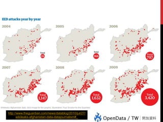 http://www.theguardian.com/news/datablog/2010/jul/27/
wikileaks-afghanistan-data-datajournalism#_

24

資料新聞學 101

 