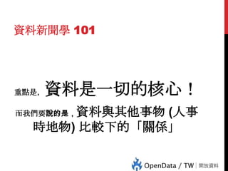 資料新聞學 101

重點是，

資料是一切的核心！

資料與其他事物 (人事
時地物) 比較下的「關係」
60

而我們要說的是，

 