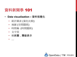 資料新聞學 101
• Data visualization – 資料視覺化
統計圖表 (量化比較)
地圖 (空間關係)
時間軸 (時間關係)
文字雲
樹狀圖，層級表示
…

61

•
•
•
•
•
•

 