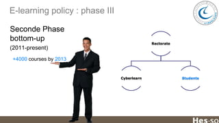 E-learning policy : phase III
Seconde Phase
bottom-up

Rectorate

(2011-present)
+4000 courses by 2013

Cyberlearn

Students

 