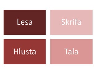 Lesa

Skrifa

Hlusta

Tala

 