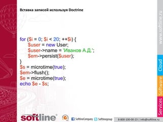 Вставка записей используя Doctrine

for ($i = 0; $i < 20; ++$i) {
$user = new User;
$user->name = 'Иванов А.Д.';
$em->persist($user);
}
$s = microtime(true);
$em->flush();
$e = microtime(true);
echo $e - $s;

 