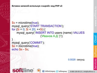 Вставка записей используя «сырой» код PHP v2

$s = microtime(true);
mysql_query('START TRANSACTION');
for ($i = 0; $i < 20; ++$i) {
mysql_query("INSERT INTO users (name) VALUES
('Иванов А.Д.')");
}
mysql_query('COMMIT');
$e = microtime(true);
echo $e - $s;
0.0028 секунд

 