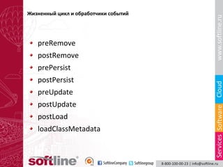 Жизненный цикл и обработчики событий

preRemove
postRemove
prePersist
postPersist
preUpdate
postUpdate
postLoad
loadClassMetadata

 