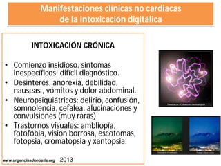 Manifestaciones clínicas no cardiacas
de la intoxicación digitálica
INTOXICACIÓN CRÓNICA
• Comienzo insidioso, síntomas
in...