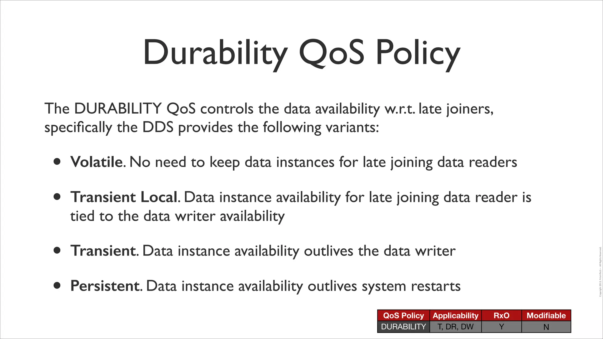 Durability QoS Policy
The DURABILITY QoS controls the data availability w.r.t. late joiners,
speciﬁcally the DDS provides the following variants:	


•
•

Volatile. No need to keep data instances for late joining data readers	


•
•

Transient. Data instance availability outlives the data writer	


Copyright	
  2013,	
  PrismTech	
  –	
  	
  All	
  Rights	
  Reserved.

Transient Local. Data instance availability for late joining data reader is
tied to the data writer availability	


Persistent. Data instance availability outlives system restarts
QoS Policy Applicability
DURABILITY T, DR, DW

RxO
Y

Modiﬁable
N

 