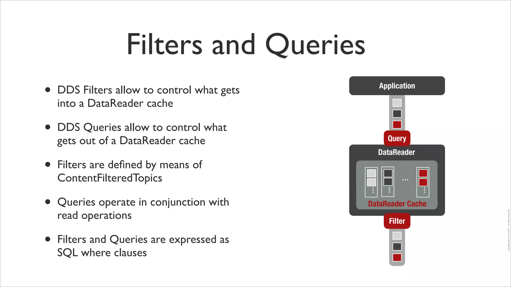Filters and Queries
•

DDS Filters allow to control what gets
into a DataReader cache	


•

DDS Queries allow to control what
gets out of a DataReader cache	


Application

Query
DataReader

Filters are deﬁned by means of
ContentFilteredTopics	


•

Filters and Queries are expressed as
SQL where clauses

DataReader Cache
Filter

Copyright	
  2013,	
  PrismTech	
  –	
  	
  All	
  Rights	
  Reserved.

Queries operate in conjunction with
read operations	


...

•

...
...
...

•

 