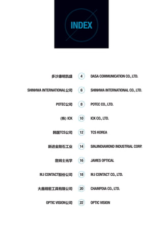 INDEX

ɳʢ

4

DASA COMMUNICATION CO., LTD.

SHINHWA INTERNATIONAL˾

6

SHINHWA INTERNATIONAL CO., LTD.

POTEC˾

8

POTEC CO., LTD.

() ICK

10

ICK CO., LTD.

TCS˾

12

TCS KOREA

½ʯҵ

14

SINJINDIAMOND INDUSTRIAL CORP.

ղķʿѧ

16

JAMES OPTICAL

M.I CONTACTɷݹ˾

18

M.I CONTACT CO., LTD.

ξܹ޹˾

20

CHAMPDIA CO., LTD.

OPTIC VISION˾

22

OPTIC VISION

 
