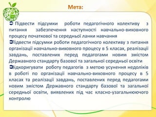  Підвести підсумки роботи педагогічного колективу з
питання
забезпечення наступності навчально-виховного
процесу початкової та середньої ланки навчання

Підвести підсумки роботи педагогічного колективу з питання
організації навчально-виховного процесу в 5 класах, реалізації
завдань, поставлених перед педагогами новим змістом
Державного стандарту базової та загальної середньої освіти

Відкоригувати роботу педагогів з метою усунення недоліків
в роботі по організації навчально-виховного процесу в 5
класах та реалізації завдань, поставлених перед педагогами
новим змістом Державного стандарту базової та загальної
середньої освіти, виявлених під час класно-узагальнюючого
контролю

 